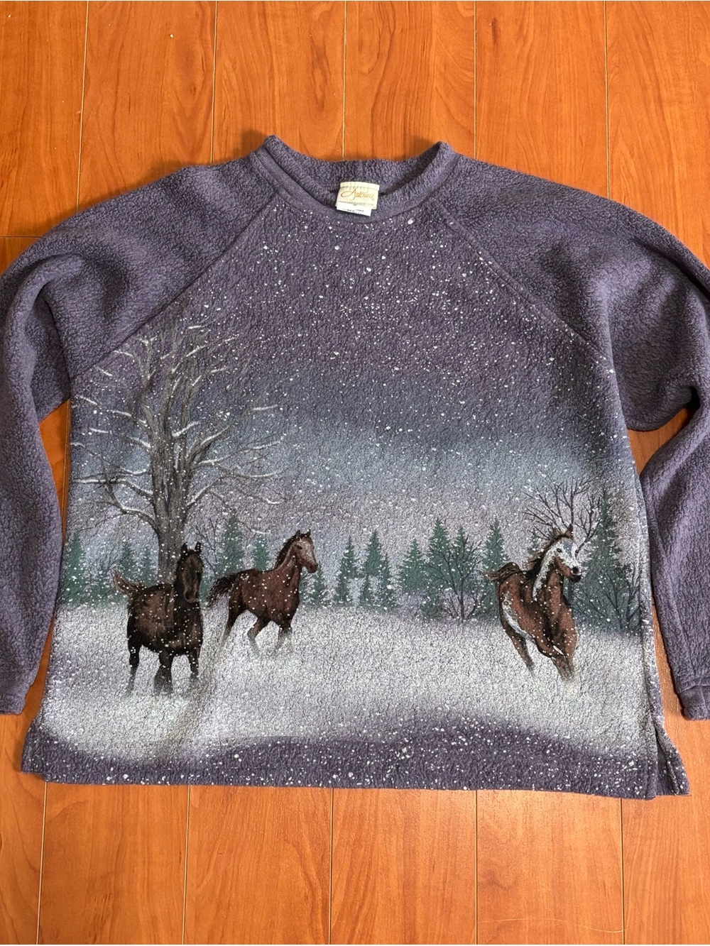 Artisan Purple Crewneck Sweater with Horse Winter Scene - Size Medium